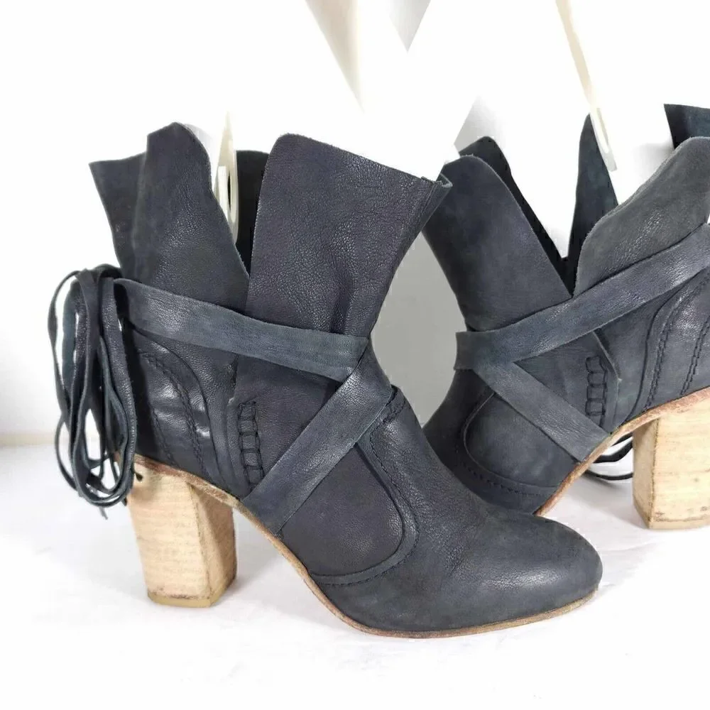 Free People Women's Seven Wonders 36 US5,5 Gray Leather Lace Fringe Ankle Boots